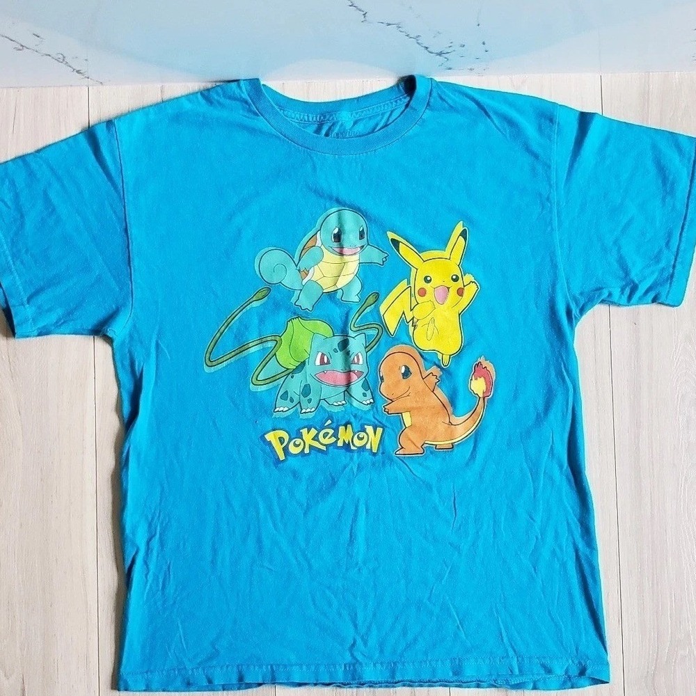 Pokemon Shirt Large Blue‎ Short Sleeve Pikachu Charmander Squirtle Bulbasaur